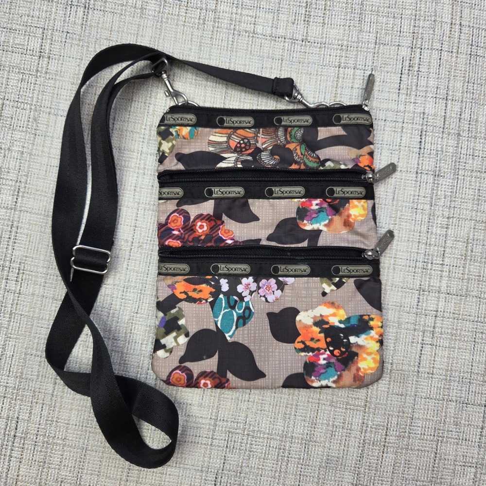 LeSportsac Quinn Crossbody Bag Floral Print Multi Zip Nylon Travel Purse Tan